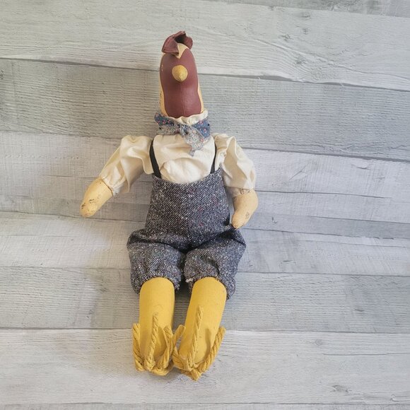 Vintage Chestnut Creek Folk Art Chicken Doll In Overalls & Bowtie Signed - Picture 2 of 9